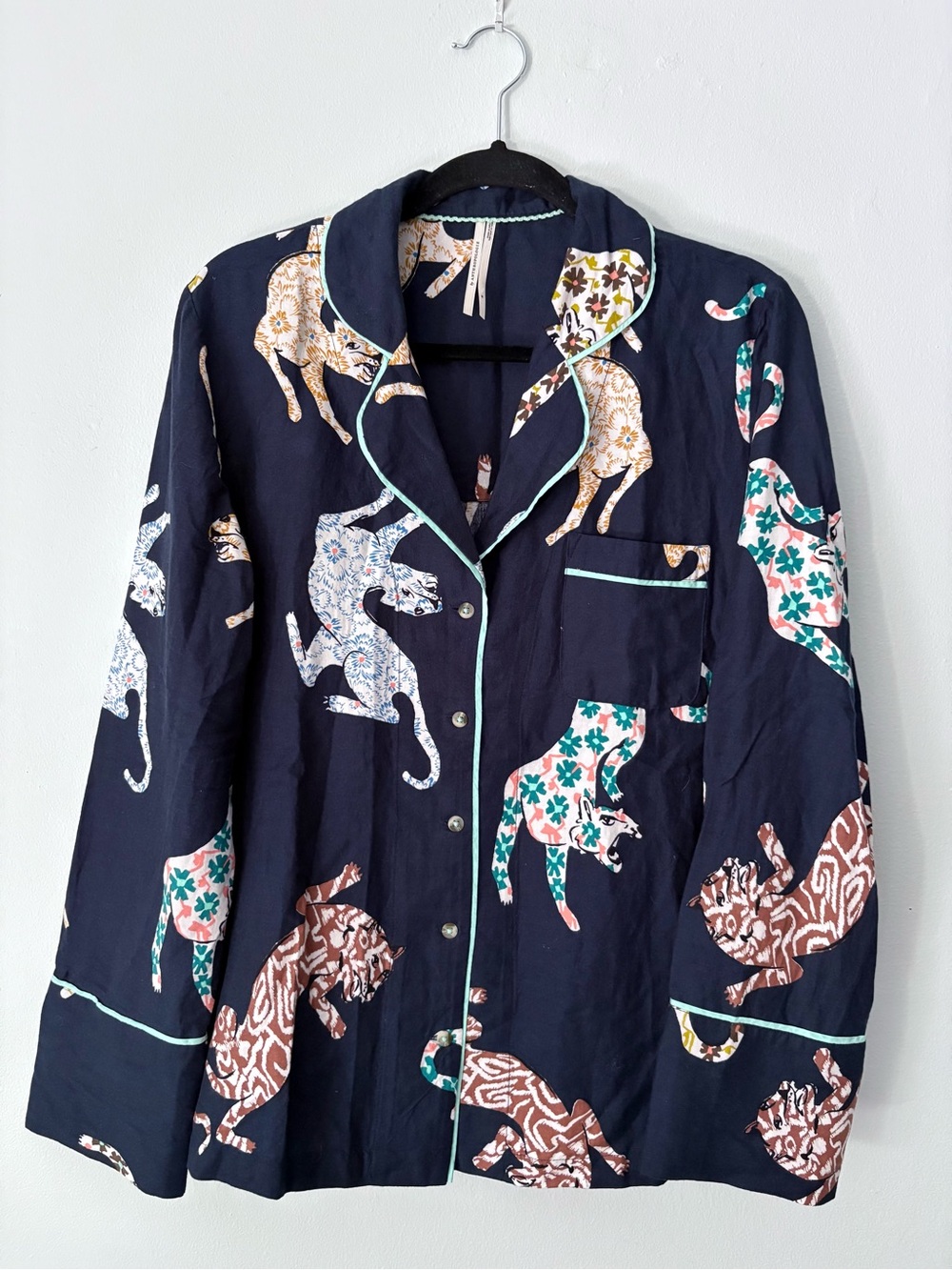 Anthropologie Navy Cat-Print Button Top with Mint Detail